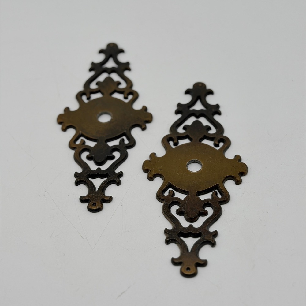 Vintage Ornate Brass Filigree Furniture Escutcheon Backplates Set of 2 6.5 Inch